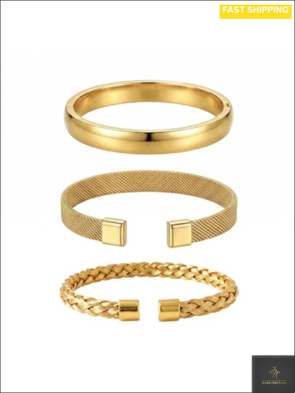 3 Piece Stackable Bangle Set 18K Gold Plated Stainless Steel Cuff Bracelets